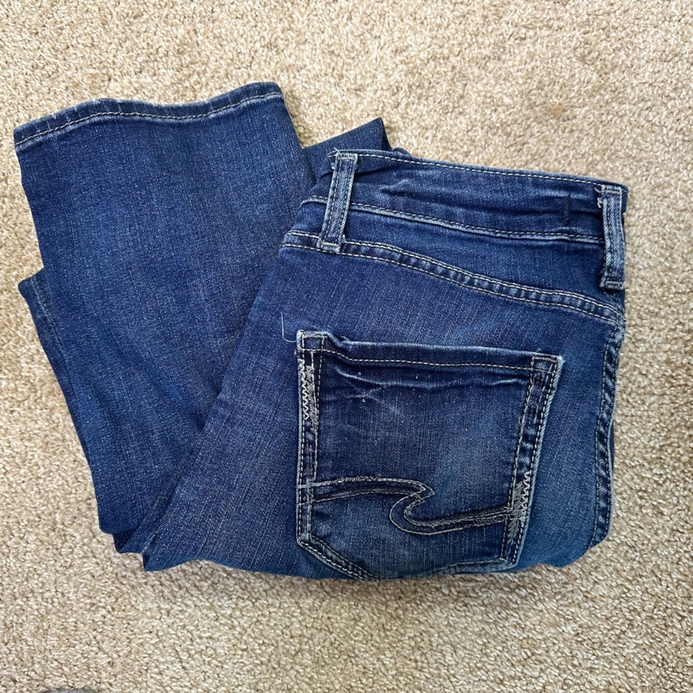 Silver Jeans Avery Straight Crop Jean‎ Embroidered High Waist Stretch Dark Wash